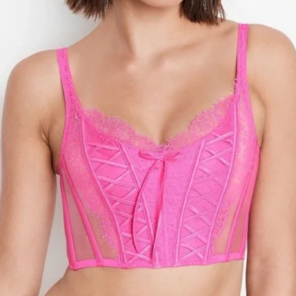 NWT Victoria’s Secret Dream Angels Unlined Lace-Up Corset Top Hot Pink Small-DD